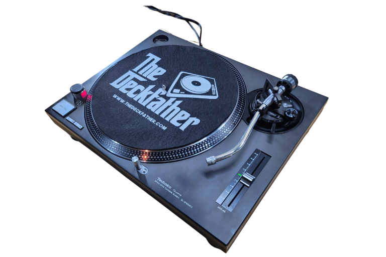 A black turntable with "The Deckfather" logo on its platter.