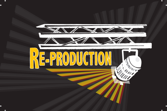 Black background with a spotlight and the word "Re-Production" in bold yellow and white text.