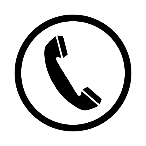 Black telephone handset icon within a circle.